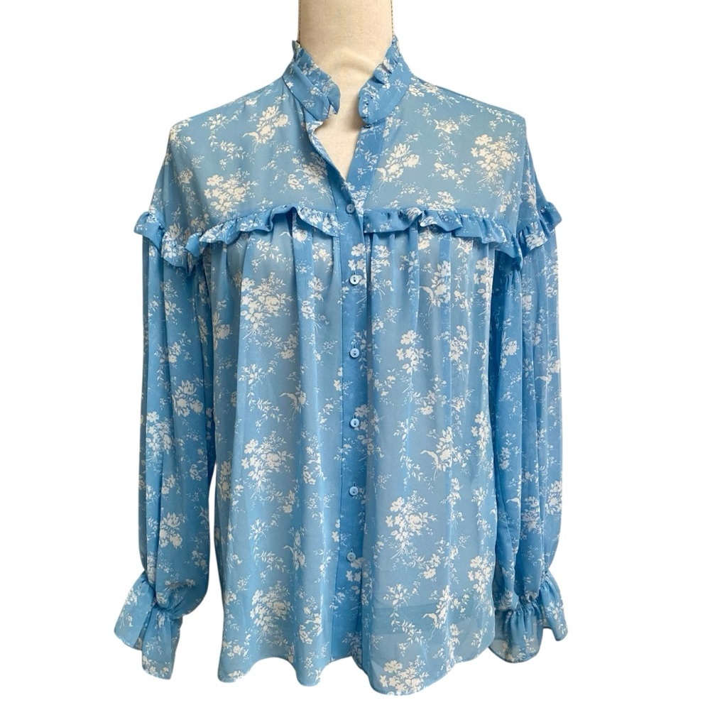 Zara Blue Floral Ruffle Button Front Blouse Size S - Picture 4 of 16